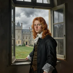 museum painting, wide - shot, beautiful teenager young man, with shoulders - length!!! reddish blonde hair tied!!, grey eyes, wavy, clothes of 1 8 th century, near the open window in a castle, bad weather, clouds and rain outside, sharp focus, highly detailed, digital art, matte painting, masterpiece, by artgerm, by greg rutkowski, by