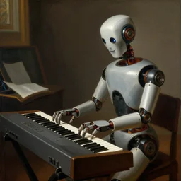 a baroque painting of a robot musician in a studio playing a synthesizer, detailed, hd