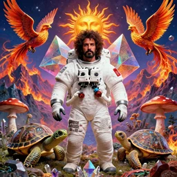 portrait, psychadelic astronaut, jerry garcia, turltle and phoenix, crystals, etched in arcane runes, geometric prisms, melting, fire on the mountains, sun god, centered, mushroom, hypermaximalist, insanely detailed and intricate, octane render, unreal engine,