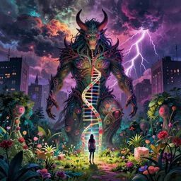 an illustration of a giant demonic dna with a person walking beside it in a garden in a dark city with colorful stormy clouds and lightning in the sky, octane, digital art, by eugene de blaas, ross tran, vibrant color scheme, intricately detailed, romanticism, artstation, greg rutkowski
