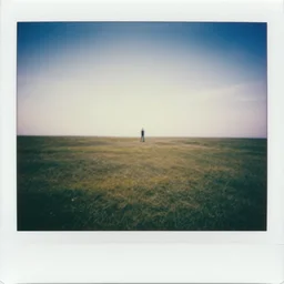 polaroid photo of an empty field with a figure with long limbs standing in the far distance