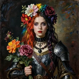 portrait of a medieval warrior chelsea wolfe, goth punk, floral flowers, rainbow colors, surreal, a flemish baroque by alexander mcqueen, art by john collier by greg rutkowski and craig mullins, oil on canvas