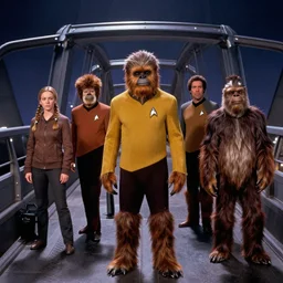 still of the bridge of enterprise in star trek original series, but the crew are wookies