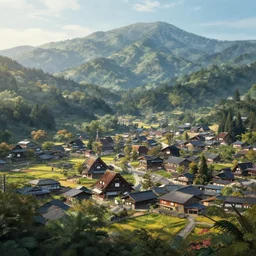 Japanese village in the mountains, Greg Rutkowski, ArtStation, CGSociety, Unreal Engine