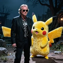 Jack Nicholson plays Terminator in the costume Pikachu, scene where his endoskeleton gets exposed, still from the film