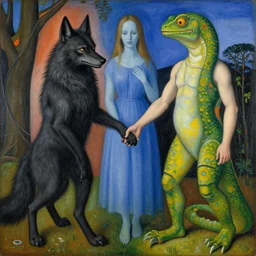 phantom holding hands with a werewolf and a lizard man. vivid colors. painting by jan van eyck, gertrude abercrombie, max ernst, agnes pelton