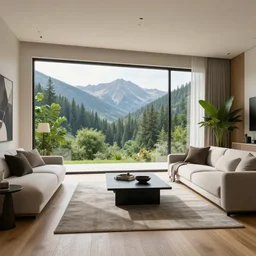 a beautiful modern living room with wood floors, large windows with a beautiful view, an area rug, plants, forest, mountains, realistic, hd, 8 k, digital rendering, unreal engine, blender, octane, maya