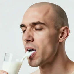 close up photo of a bald crimean man gargling milk