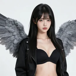 beautiful black haired angel girl, black jacket, black bra, gray wings, highly detailed, d & d, fantasy, highly detailed, digital painting, trending on artstation, concept art, sharp focus, illustration, art by artgerm and greg rutkowski and fuji choko and viktoria gavrilenko and hoang lap