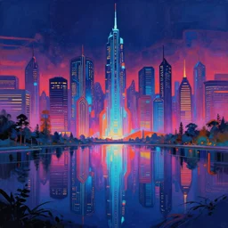 a digital painting of a cyberpunk city at night surrounded by a glistening lake by stephan martiniere, artstation, utopian art, art deco, saturated, hyper colorful