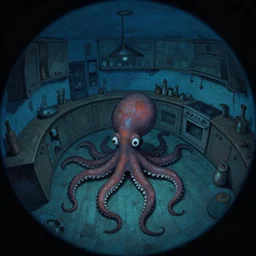 claustrophobic, dark colors palette, fisheye spiral lines, naive, extra narrow, detailed illustration of a kitchen, large floor, octopus shaped by rhads from lorax movie, trending artstation, dark blue underwater