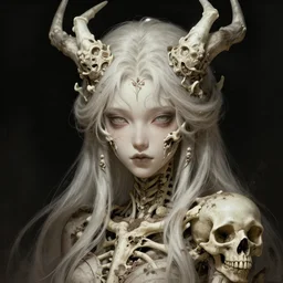 stunning konekobasu as goddess of skull portrait, skull, bones, dirt, fantasy, intricate, elegant, highly detailed, digital painting, artstation, concept art, smooth, sharp focus, illustration, art by afshar petros and krenz cushart and artem demura