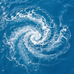 birds eye view above a crystal clear blue ocean with swirling sea foam, dark black smooth obsidian boulders, floating kelp, small fishes, octopus, dolphins, stingrays, whale