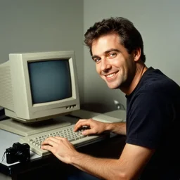 a photo of a man sitting infront of a 1 9 9 0 s computer, he is smilling at the camera, he is a 3 meters away from the camera, light coming from the camera, taken on a 1 9 9 0 s camera.