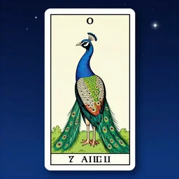 peacock in front of a starry sky, tarot card, 2 0 s illustration