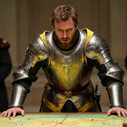 Medium closeup shot frustrated and acerbic male bearded Imperial soldier wearing a {black and yellow tabard} over a steel breastplate and a black gambeson leaning over a table, by Raymond Swanland Greg Rutkowski Lise Deharm, {perfect face}, {perfect eyes}, {perfect body}, {hands planted on war table while standing},