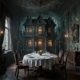 a serene and tranquil dining room, haunted house, masterpiece, peter mohrbacher, rhads!!!, magical realism, urban fantasy, ( h. r. giger )