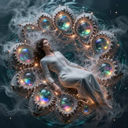 fractals!! calm, healing, resting, water, hybrids, tech wear!!!, scifi, glowing lights!! intricate elegant, lens chromatic abberation!!!, highly detailed, volumetric, smoke, digital photograph, artstation, concept art, smooth, sharp focus, thin glowing wires, illustration, art by greg rutkowski and alphonse mucha, singularity!!!, 3 6 0 capture