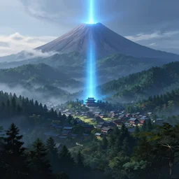 a powerful japanese village high in mountains, blue beam of light, calm morning, fanart artstation global illumination rtx hdr fanart arstation 3 d, volcano, concept art by greg rutkowski and laurie greasley, forest, fantastic landscape, 8 k, cinematic color grading