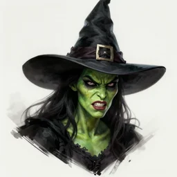 an angry witch with green skin and a black hat, horror, highly detailed, character portrait, digital painting, artstation, concept art, matte, sharp focus, illustration, art by artgerm and greg rutkowski and michael whelan and gustave dore and alphonse mucha