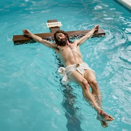 jesus on his cross swimming in a pool