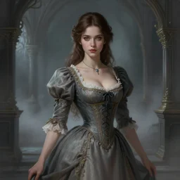a beautiful brown - haired young woman with an sexy old dress of the 1 9 th century in ghost house, intricate, elegant, highly detailed, digital painting, artstation, concept art, smooth, sharp focus, illustration, ethereal, misty, by ilya kuvshinov and jeremy mann, 8 k, octane render