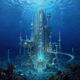 underwater city, under the sea, ancient greece, neo futurism, blue glow highly detailed painting by gaston bussiere, craig mullins, j. c. leyendecker 8 k