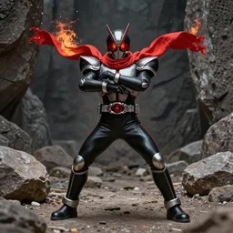 High Fantasy Kamen Rider with a red scarf of fire billowing behind him standing in a rock quarry doing a henshin pose, full body single character, League of Legends Character Splash Art, rubber suit, biomechanical, Arcane style, good value control, high quality, 4k, ultra realistic, highly detailed, illustration, matte painting, rule of thirds, centered, cinematography