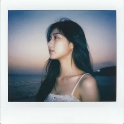 polaroid of a beautiful woman in dream, collage, reflection, double exposure,  gradient, chromatic aberration, fog, proportional