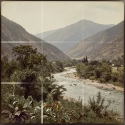 Collage. a landscape of a mountainous area with a river running through it. There are trees and plants in the foreground, and the mountains are in the background. calotype by Austin Briggs, by Jules Bastien-Lepage aesthetic