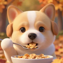 very beautiful portrait of an extremely cute and adorable dog eating cereal using spoon, smooth, perfect face,, character design by mark ryden and pixar and hayao miyazaki, sharp focus, concept art, harvest fall vibrancy, intricate detail, cinematic lighting, hyperrealistic, 3 5 mm, diorama macro photography, 8 k, 4 k
