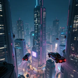 futuristic japanese neon city, cyberpunk buildings, flying cars, realistic lights