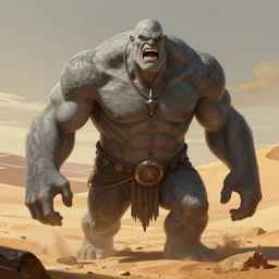 A male giant with no hair and grey skin posing in a a desert, rage, realistic face, full body, fantasy art, in the style of greg rutkowski, illustration, epic, fantasy, intricate, hyper detailed, artstation, concept art, smooth, sharp focus, ray tracing, vibrant