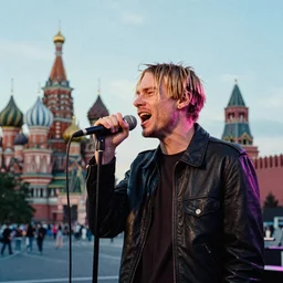 “A colorful kodak film photo of Kurt Cobain roaring into microphone on a concert with Moscow kremlin in the background”
