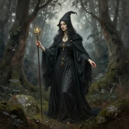 the forest of the ancient witch, a painting by john william waterhouse, by John William Godward, by austin osman spare, symbolist painting, mist, volumetric render, digital painting, detailed painting, occult, sharp focus, intrincate details