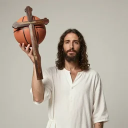 jesus holding a cross shaped basketball