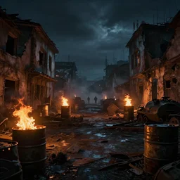 an 8K photograph of an ominous decaying miltary wasteland at night with barrels of fire lighting, war-torn buildings, war-zone hyperrealism photorealistic photography hyper real resolution cinematic, Beautiful, Vray, Octane Render