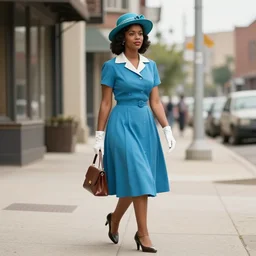 determined young african american young woman in the 1940’s walking downtown in beautiful blue dress holding a purse wearing high heels white gloves and a teal hat, 1940’s downtown, vintage, retro,