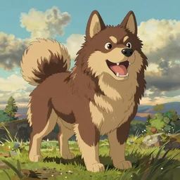 detailed drawing of an excited brown and tan domino finnish lapphund, studio ghibli art style