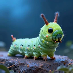 high quality macro photo cute puss moth caterpillar! highly detailed hannah yata elson peter cinematic blue lighting high quality low angle hd 8k sharp shallow depth of field