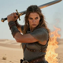 big and strong barbarian woman wielding a sword, in the desert, wearing chainmail armor, by jeff easley and grek rutkowski, ultrarealistic, highly detailed face, soft lighing, spellfire, sharp focus, cinematic lighting, artstation, powerful presence
