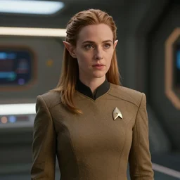 4K video of young attractive high-fantasy elf (played by a young Gillian Anderson 1996) in a Starfleet uniform in Star Trek, scene where she is on Deep Space Nine, photorealistic, soft light, cinematic lighting, sharp, camera