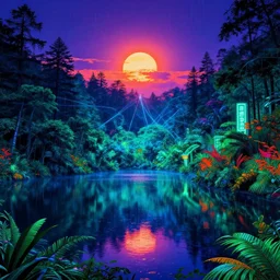 landscape by ted nasmith, landscape neon noir hyperrealism thermal imaging at dusk vaporwave morning sun laser alien nightsky forest lake tokyo neon signs rainforest thermal vision, archdaily, wallpaper, highly detailed, trending on artstation.