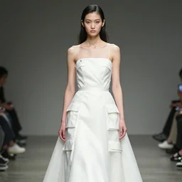 a early 0 0's aesthetic portrait of a model detailed features wearing a cargo wedding dress - chic'techno fashion trend by issey miyake and mitsuo katsui