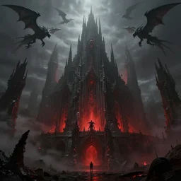 grimdark chaos fortress, ruined, terrifying architecture, looming, dark, fog, atmospheric red lighting, flying chaos creatures, dark souls, hyperrealistic, artstation
