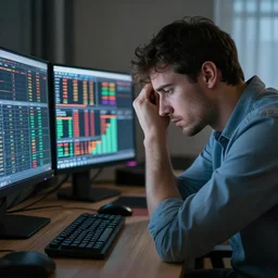 depressed man staring at screen after losing all of his money trading stocks