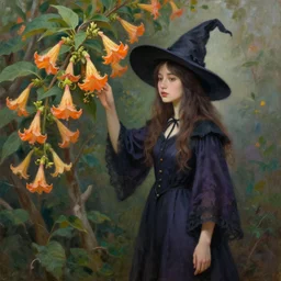 oil painting of a beautiful young witch, standing next to brugmansia suaveolens tree