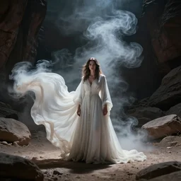 1 9 7 0's artistic western movie, a woman in a giant flowing incredibly long dragging white dress made out of white smoke, standing inside a dark western rocky scenic landscape, volumetric lighting