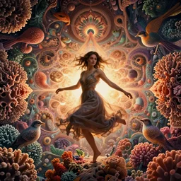ridiculously beautiful young woman tripping, fractals, psychedelics, nature, coral, birds, symmetrical, in the style of ernst haeckel, effervescent, sacred geometry, warm, surrealism, photo realistic, epic and cinematic,