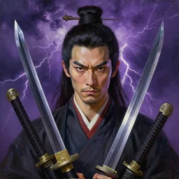 raijin with traditional chinese swords. strong storm with purple lightnings in the background. realistic, highly detailed, oil painting in a modern style, very detailed and symmetrical face, painted by greg rutkowski, sachin teng, thomas kindkade, tony sandoval, norman rockwelll